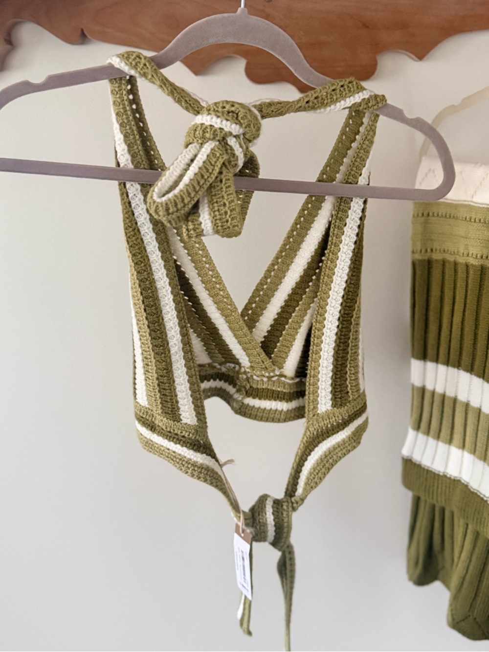 Olive and White Crochet Halter Bralette - Two-Piece Knit Set - Picture 2 of 5